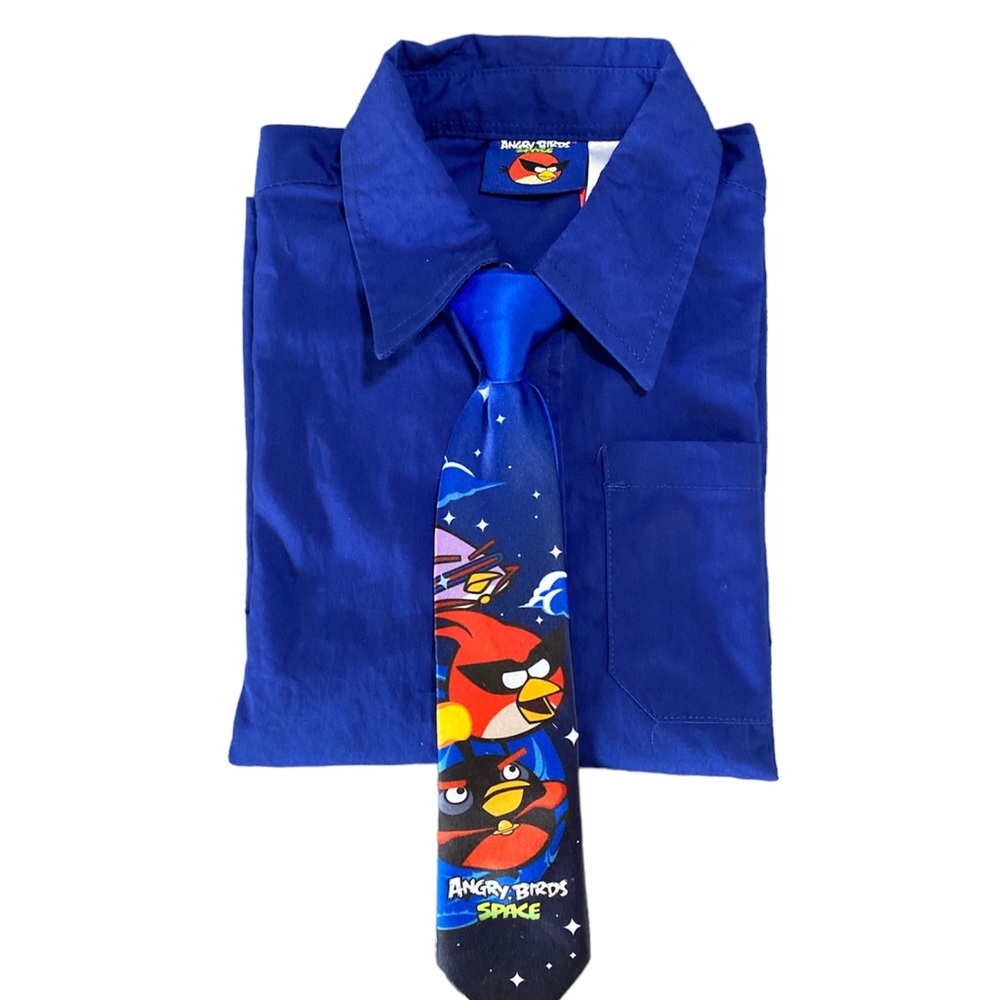 Boy’s Angry Birds Space Long Sleeve Button Down Dress Shirt with‎  Clip Tie Sz 6
